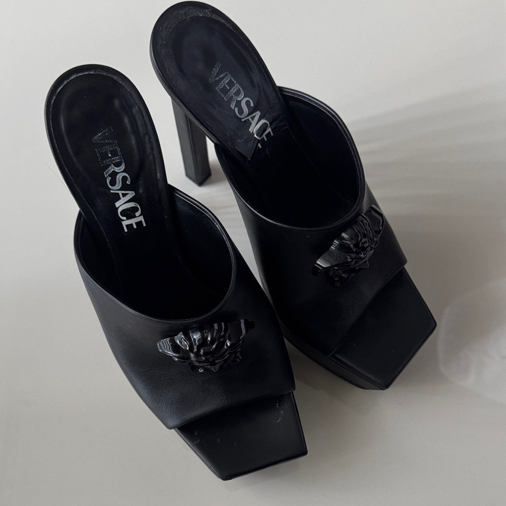 Versace Black Leather Medusa Slide Mules